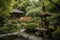 serene garden with peaceful pagoda and waterfall visible in the background