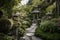 serene garden with tall pagoda and lanterns for a tranquil setting