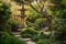 serene garden with tall pagoda and lanterns for a tranquil setting