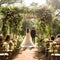 Serene garden wedding with lush greenery, blooming flowers, and soft sunlight