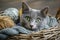 A serene gray cat with mesmerizing green eyes is lounging comfortably in a cozy basket filled with colorful yarn. The