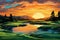 Serene Green gold course sunset grass. Generate AI