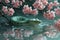 Serene Green Snake Amidst Blossoming Sakura Branches over Tranquil Water