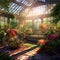 Serene Greenhouse with Colorful Flowers and Plants