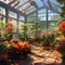 Serene Greenhouse with Colorful Flowers and Plants