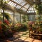 Serene Greenhouse with Colorful Flowers and Plants