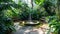 Serene greenhouse interior with lush plants and fountain