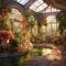 Serene greenhouse or nursery with lush variety of plants