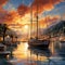 Serene Harbour Haven: Peaceful sunset at a picturesque marina with vibrant sailboats gently swaying in the calm waters