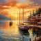 Serene Harbour Haven: Peaceful sunset at a picturesque marina with vibrant sailboats gently swaying in the calm waters