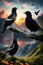 The Serene Harmony of Birds Amidst Mountains, Meadows, and Flowers at Sunset. AI generated