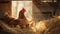 A serene hen with chicks in a sunlit coop, warm rural atmosphere. rural life captured in a heartwarming scene. cozy farm