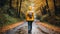 Serene hiker woman exploring vibrant autumn foliage on a forest hiking trail in the fall season