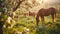 Serene horses grazing in a sunny orchard at golden hour. peaceful rural scene. ideal for nature-inspired designs. AI