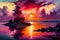 A serene illustration capturing the beauty of a sunset over a lake, featuring a mesmerizing display of vibrant shades of orange,