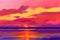 A serene illustration capturing the beauty of a sunset over a lake, featuring a mesmerizing display of vibrant shades of orange,