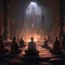 A serene illustration of a group of monks meditating in an ancient temple