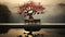 A serene image capturing the Pomegranate Bonsai against the backdrop of a tranquil water feature, with the reflection of the