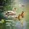 serene image of a family of ducks gliding across a calm pond, their reflection mirroring their tranquility by AI generated