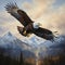 serene image of a perched eagle, its majestic wings spread wide against a backdrop of towering mountains by AI generated