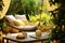 A serene image of a tranquil outdoor setting, featuring a hammock under a lemon tree with a glass of lemonade on a side table,
