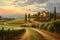 A serene image of the Tuscan countryside, with rolling hills, vineyards, and cypress trees, depicting the tranquility and beauty