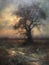 Serene Impressionist Oil Painting of a Lonely Tree and Wild Animals in Nature .