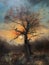 Serene Impressionist Oil Painting of a Lonely Tree and Wild Animals in Nature .