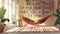 A serene indoor space with a hammock chair suspended in the corner surrounded by shelves of books and a cozy rug