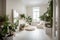 a serene interior, with green plants and white accents, creating a tranquil atmosphere