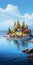 Serene Island Cabin: Nature And Art Wallpaper In Cartoonish Realism