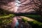 A serene Japanese garden with cherry blossom trees