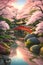 Serene Japanese garden in full bloom cherry blossom with footbridge, koi pond, illustration