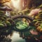 A serene Japanese garden with a gracefully arched bridge spanning a tranquil koi pond.