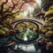 A serene Japanese garden with a gracefully arched bridge spanning a tranquil koi pond.