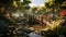 A serene Japanese garden with a stone bridge over a tranquil koi pond