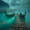 Serene jetty with traditional boats on misty lake at twilight. calm water and moody sky. idyllic scenery. travel and