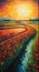 Serene Joyful Sunrise Over Vibrant Tulip Fields: An Oil Painting in Post-Impressionism Style .