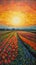 Serene Joyful Sunrise Over Vibrant Tulip Fields in Oil Painting Style.
