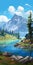 Serene Karst Cabin Painting: Tranquil Blue Lake And Rocky Shore