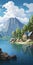 Serene Karst Cabin Painting: Tranquil Blue Lake And Rocky Shore