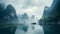 Serene Karst Landscape: A Gauzy Atmospheric Boat Floating On A River