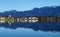 serene lake Bannwaldsee in Schwangau with Bavarian Alps in background on sunny November day (Allgaeu, Bavaria, Germany)