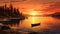 Serene Lake With Boat: Highly Detailed Illustration Of Tranquil Sunset