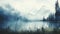 Serene Lake: A Dreamy Painting Of Misty Mountains And Tranquil Waters