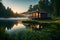 A serene lakeside cabin at sunrise, surrounded by lush greenery, with mist rising from the water