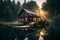 A serene lakeside cabin at sunrise, surrounded by lush greenery, with mist rising from the water