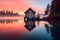 A serene lakeside cabin, under the gentle morning light, bathed in a mesmerizing palette of scarlet, tangerine, and lemon hues