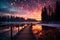 Serene lakeside at dusk wooden dock, twinkling stars, and full moon casting warm glow