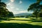 A serene, lakeside golf course with impeccably manicured greens,